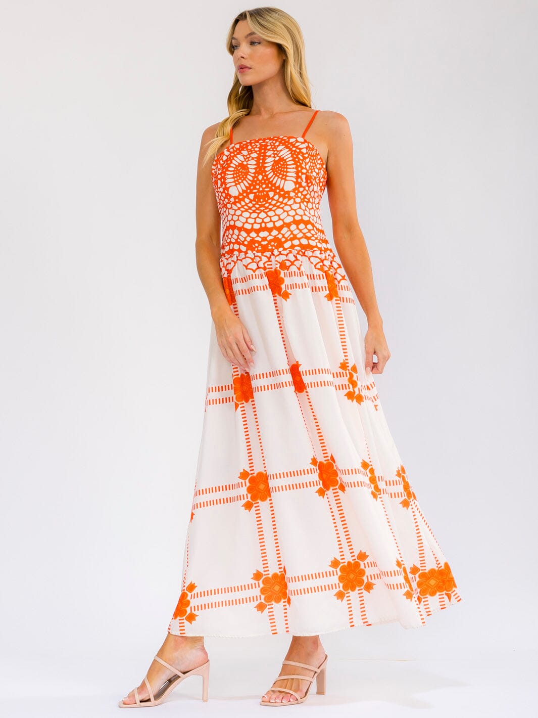 WOMEN'S SLEEVELESS SQUARE NECK MULTI PRINT MAXI DRESS