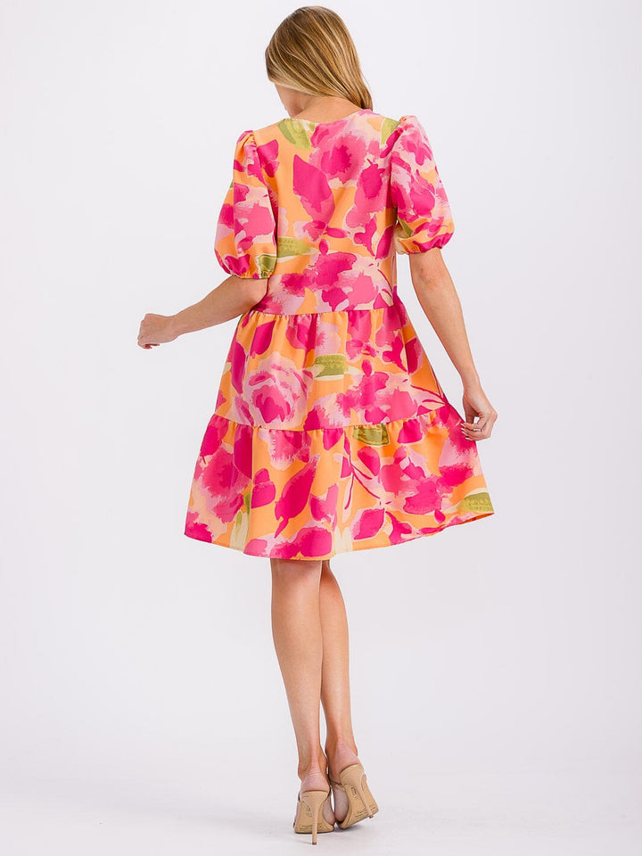 WOMEN'S SHORT PUFF SLEEVE FRONT POCKETS PRINTED TUNIC MINI DRESS