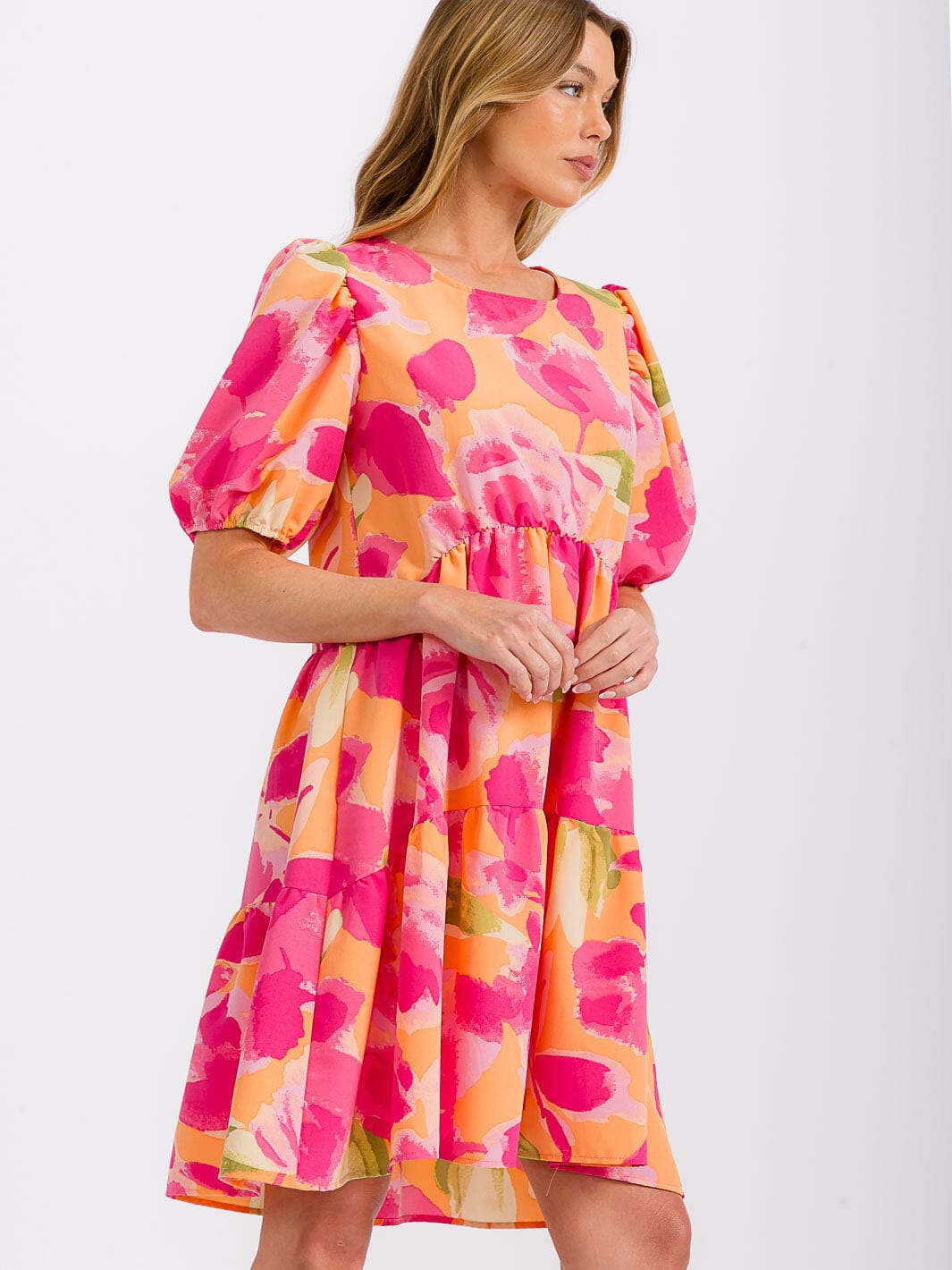 WOMEN'S SHORT PUFF SLEEVE FRONT POCKETS PRINTED TUNIC MINI DRESS