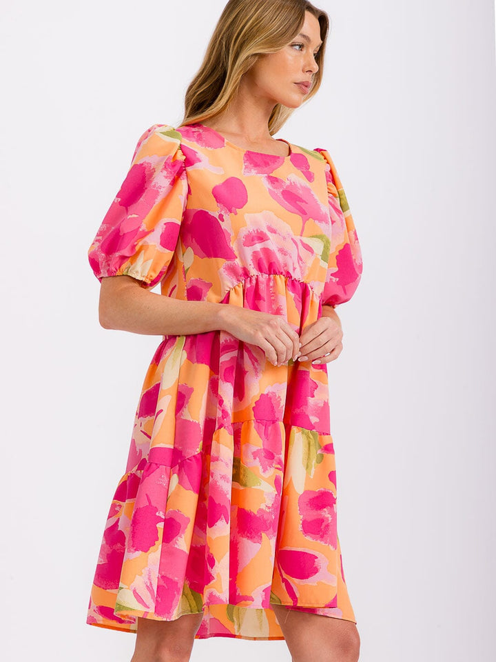 WOMEN'S SHORT PUFF SLEEVE FRONT POCKETS PRINTED TUNIC MINI DRESS