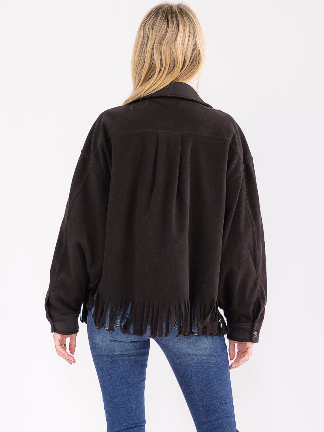 WOMEN'S LONG SLEEVE BUTTON CLOSURE FRONT POCKETS FRINGE JACKET