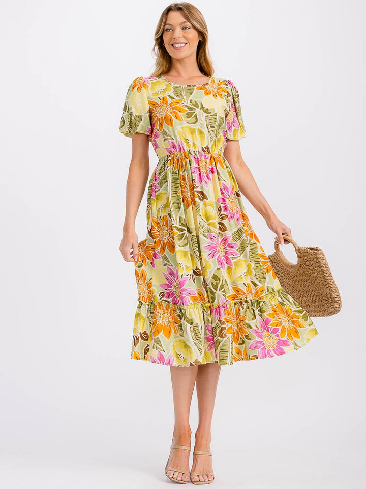 WOMEN'S SHORT PUFF SLEEVE FRONT POCKETS ELASTIC WAIST FLORAL MIDI DRESS