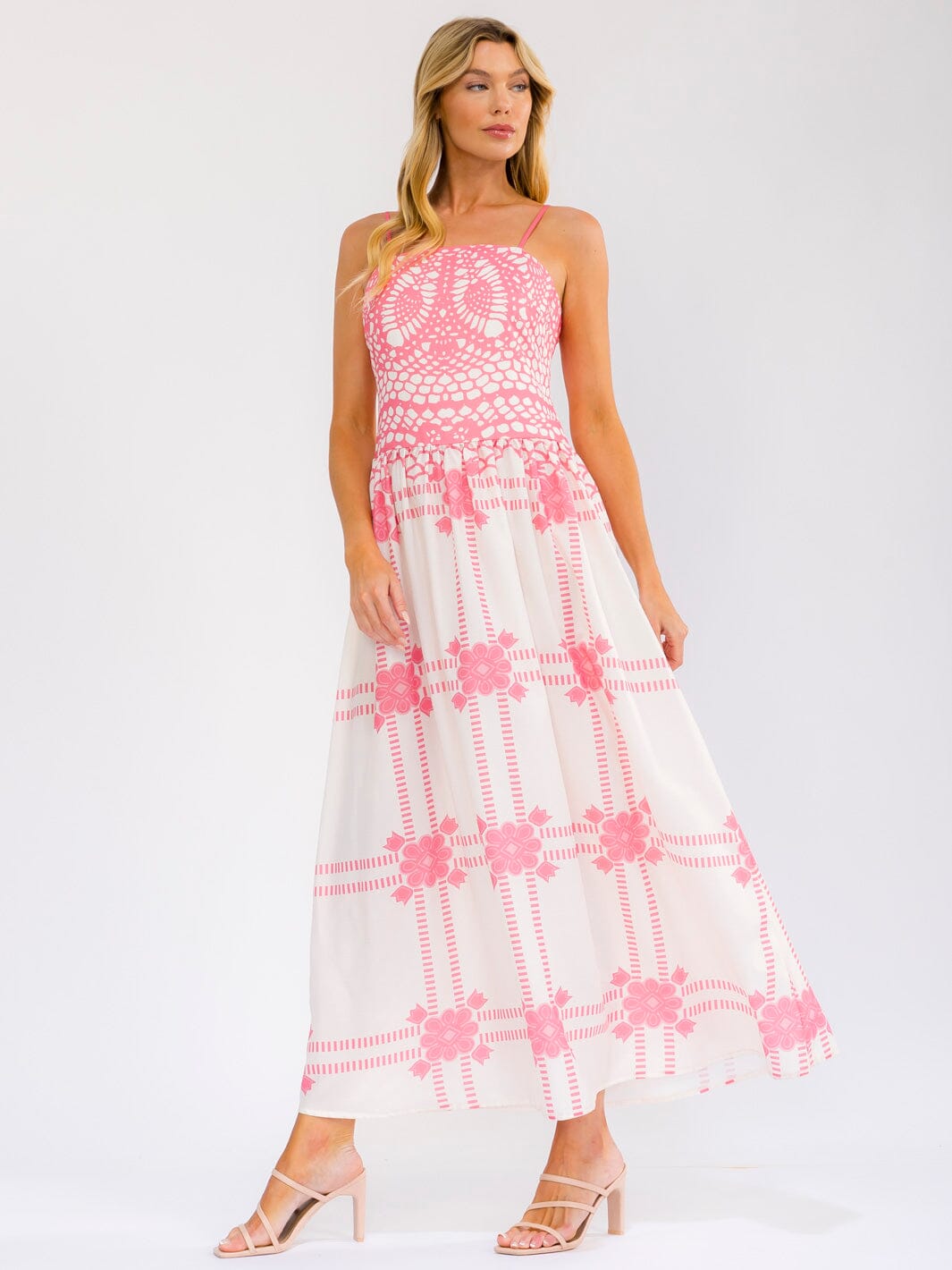 WOMEN'S SLEEVELESS SQUARE NECK MULTI PRINT MAXI DRESS