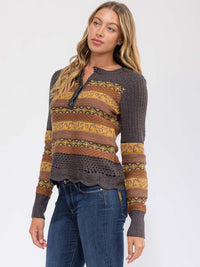 WOMEN'S LONG SLEEVE BUTTON UP MULTI PRINT TOP