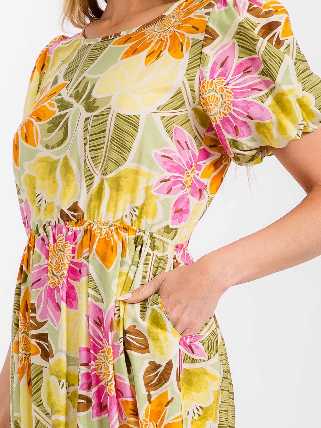 WOMEN'S SHORT PUFF SLEEVE FRONT POCKETS ELASTIC WAIST FLORAL MIDI DRESS