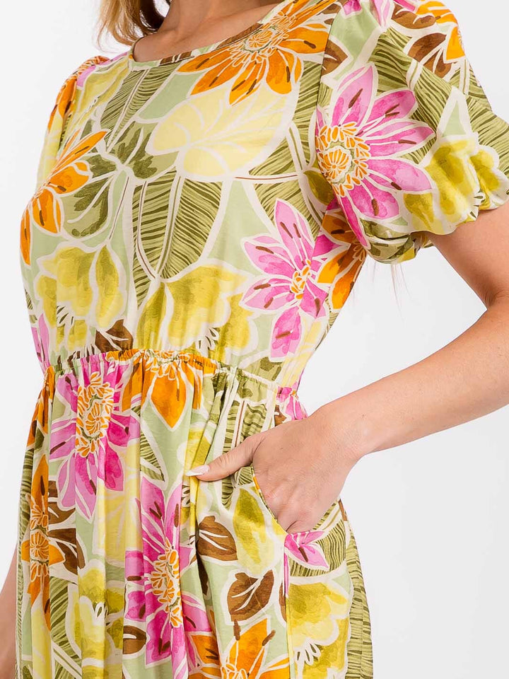 WOMEN'S SHORT PUFF SLEEVE FRONT POCKETS ELASTIC WAIST FLORAL MIDI DRESS