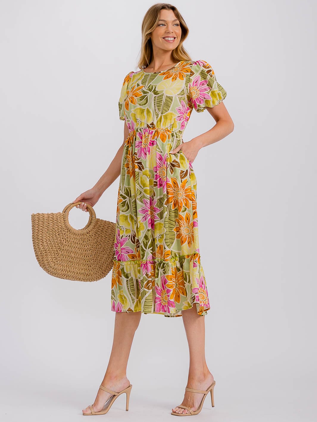 WOMEN'S SHORT PUFF SLEEVE FRONT POCKETS ELASTIC WAIST FLORAL MIDI DRESS