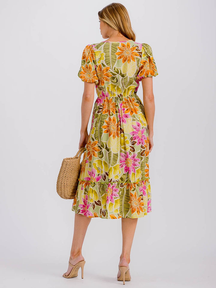 WOMEN'S SHORT PUFF SLEEVE FRONT POCKETS ELASTIC WAIST FLORAL MIDI DRESS