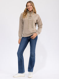 WOMEN'S LONG SLEEVE LACE UP PULLOVER SWEATER