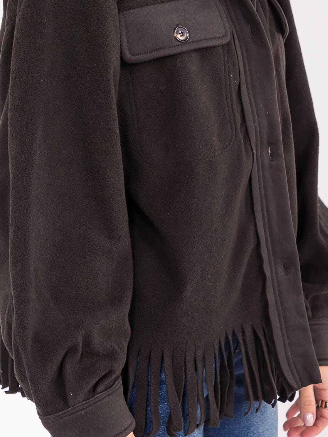 WOMEN'S LONG SLEEVE BUTTON CLOSURE FRONT POCKETS FRINGE JACKET