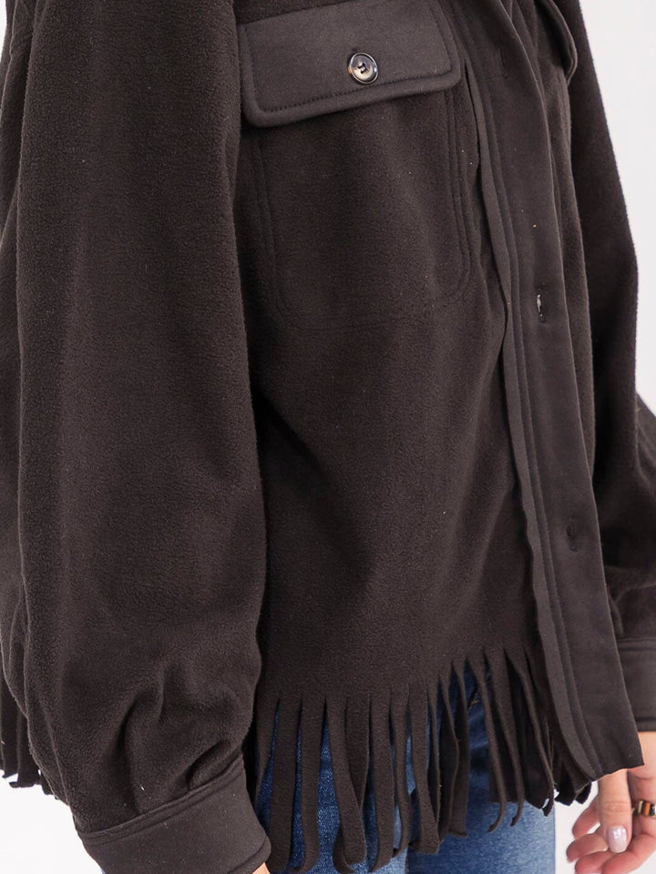 WOMEN'S LONG SLEEVE BUTTON CLOSURE FRONT POCKETS FRINGE JACKET