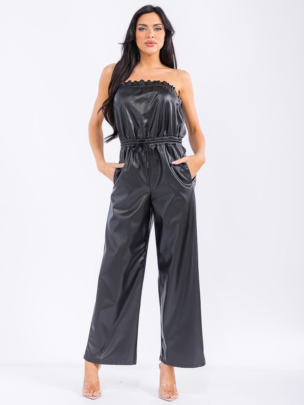 WOMEN'S SLEEVELESS ELASTIC WAIST POCKETS PU PLATHER WIDE LEG JUMPSUIT