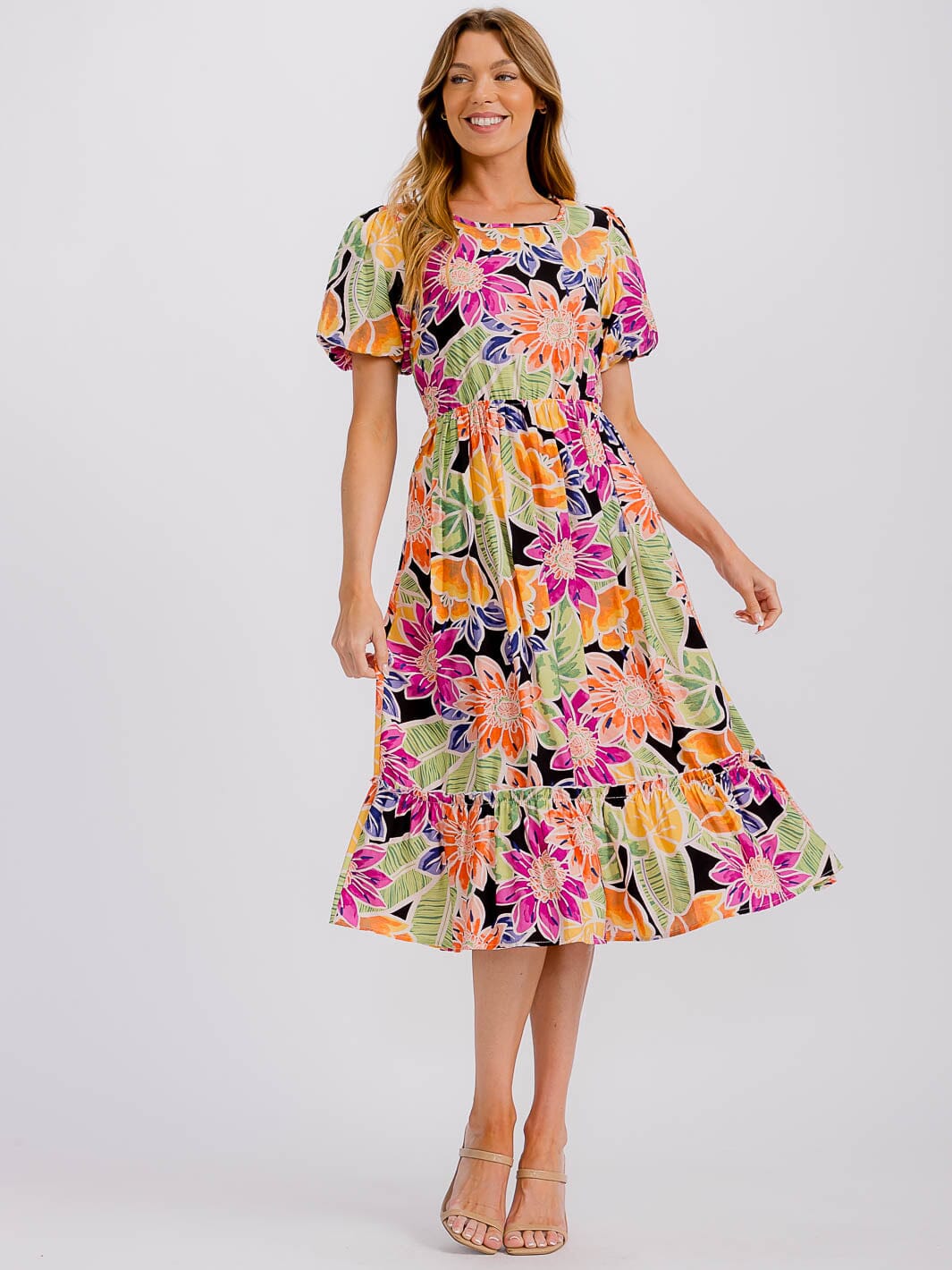 WOMEN'S SHORT PUFF SLEEVE FRONT POCKETS ELASTIC WAIST FLORAL MIDI DRESS