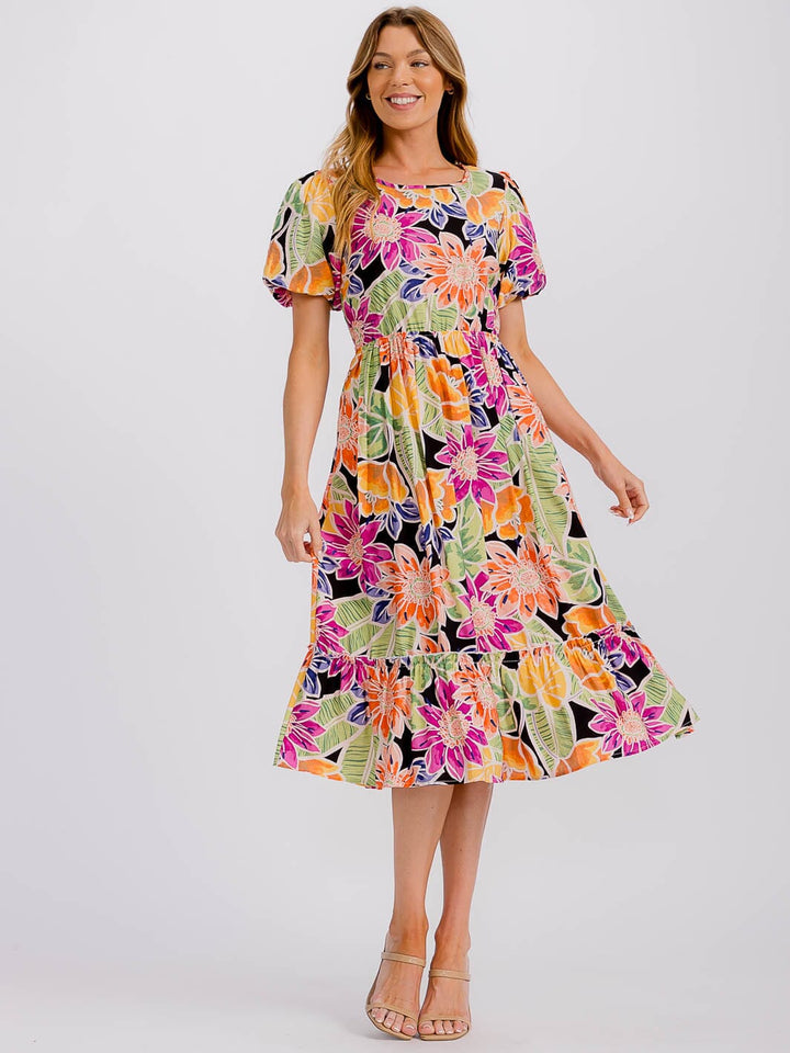 WOMEN'S SHORT PUFF SLEEVE FRONT POCKETS ELASTIC WAIST FLORAL MIDI DRESS