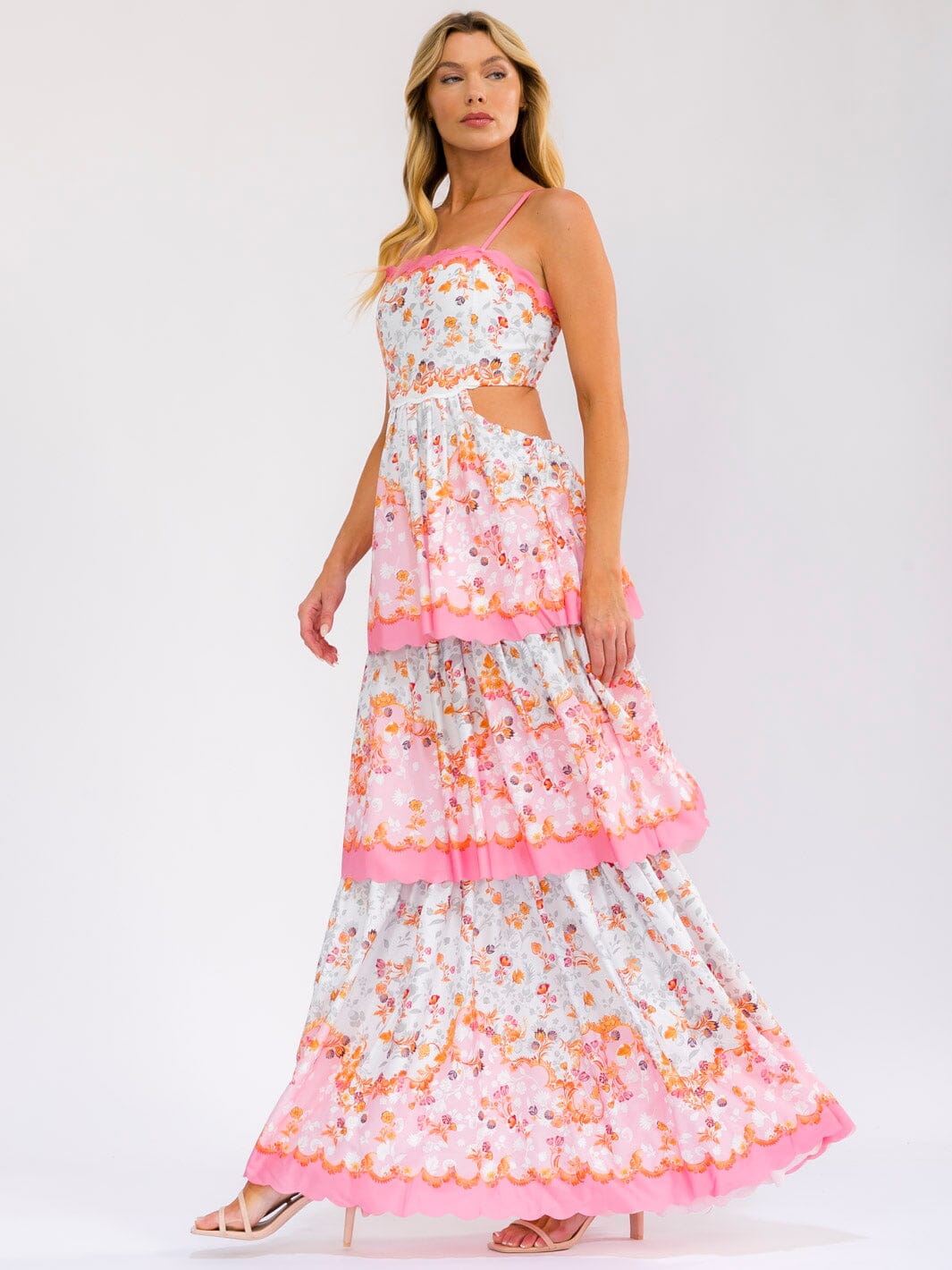 WOMEN'S SLEEVELESS ELASTIC WAIST OPEN BACK RUFFLE TIERED PRINT MAXI DRESS