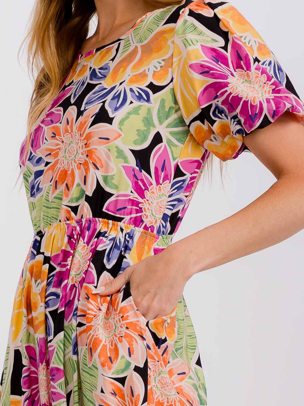 WOMEN'S SHORT PUFF SLEEVE FRONT POCKETS ELASTIC WAIST FLORAL MIDI DRESS