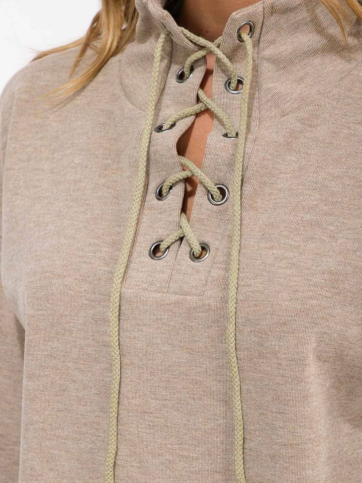 WOMEN'S LONG SLEEVE LACE UP PULLOVER SWEATER