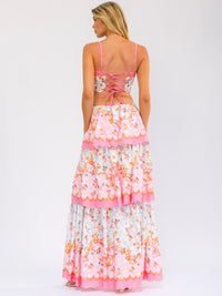 WOMEN'S SLEEVELESS ELASTIC WAIST OPEN BACK RUFFLE TIERED PRINT MAXI DRESS