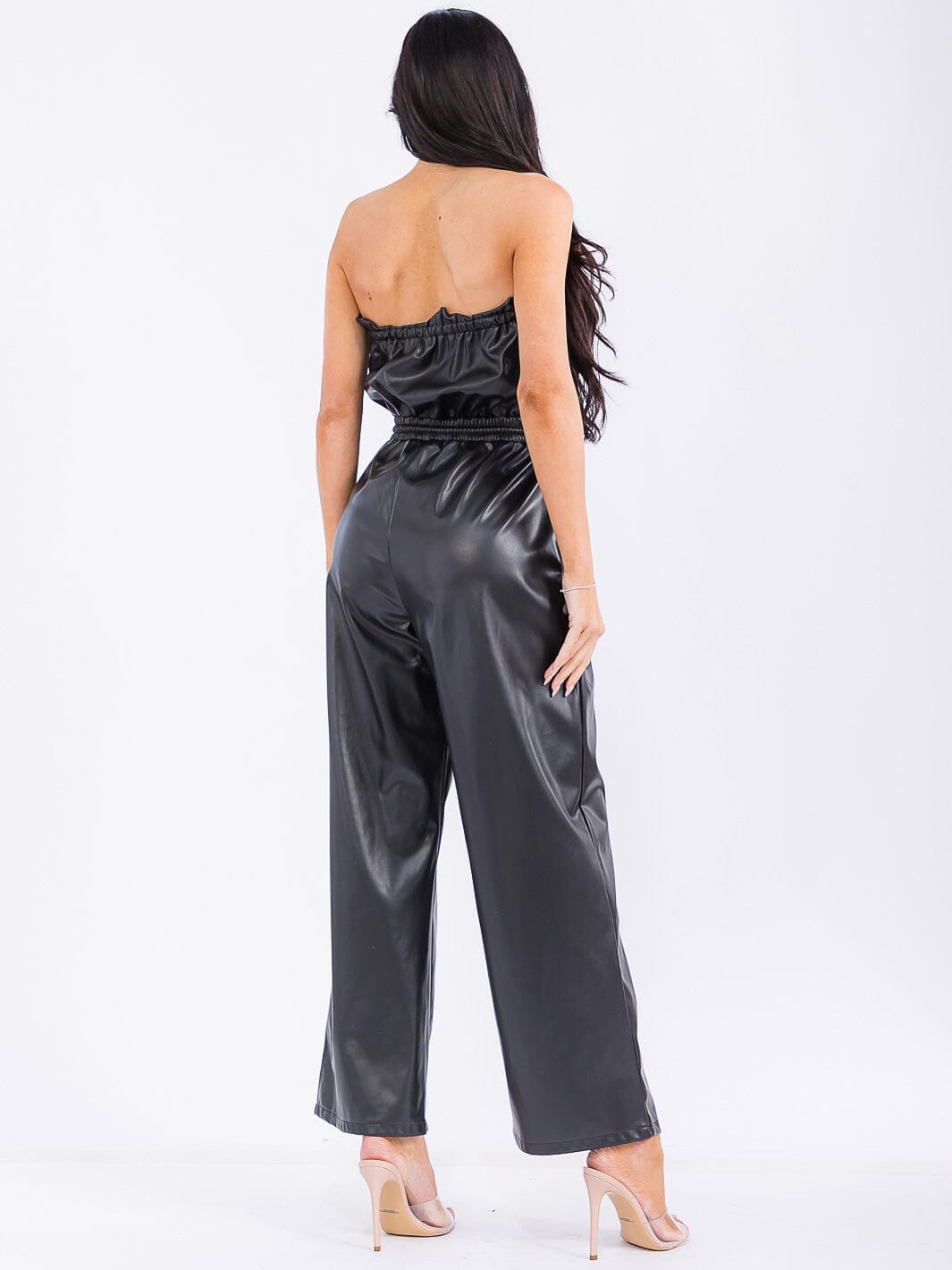 WOMEN'S SLEEVELESS ELASTIC WAIST POCKETS PU PLATHER WIDE LEG JUMPSUIT