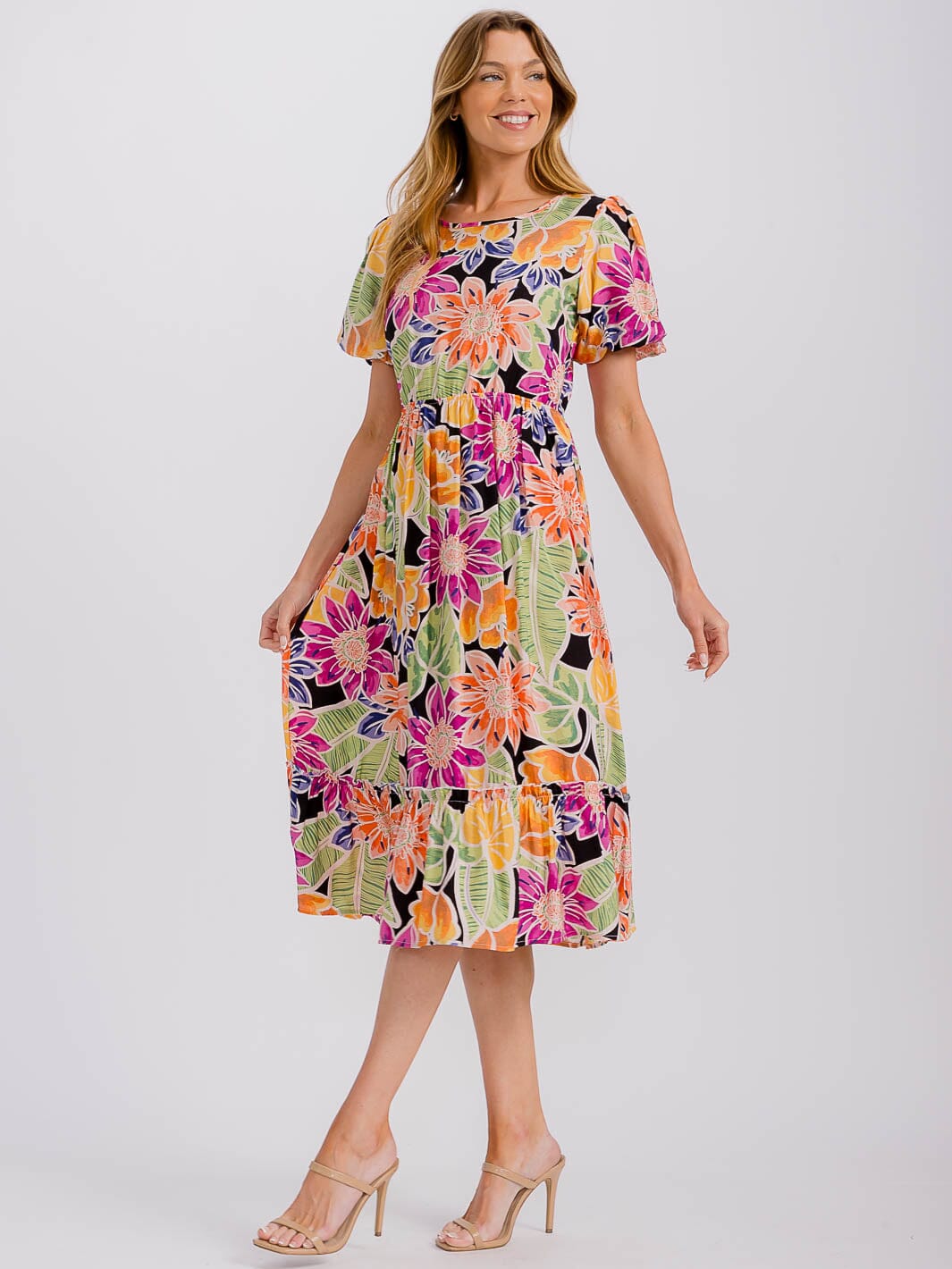 WOMEN'S SHORT PUFF SLEEVE FRONT POCKETS ELASTIC WAIST FLORAL MIDI DRESS