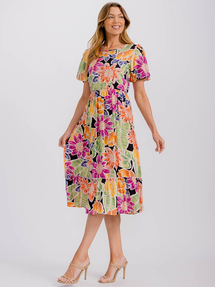 WOMEN'S SHORT PUFF SLEEVE FRONT POCKETS ELASTIC WAIST FLORAL MIDI DRESS