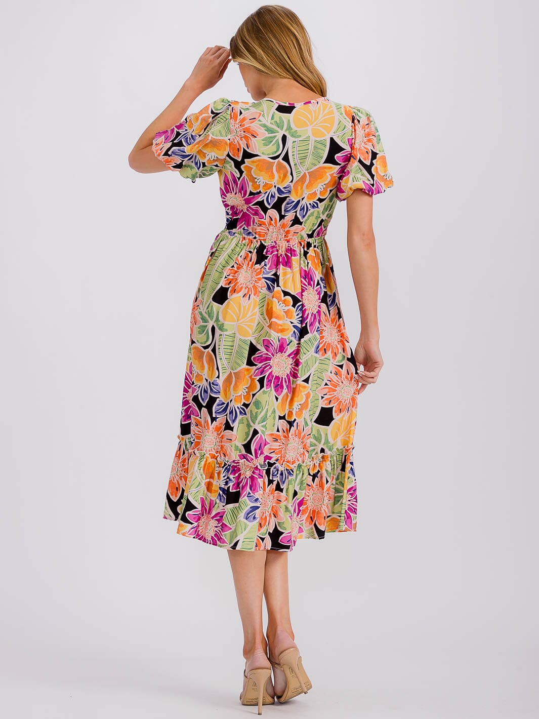 WOMEN'S SHORT PUFF SLEEVE FRONT POCKETS ELASTIC WAIST FLORAL MIDI DRESS