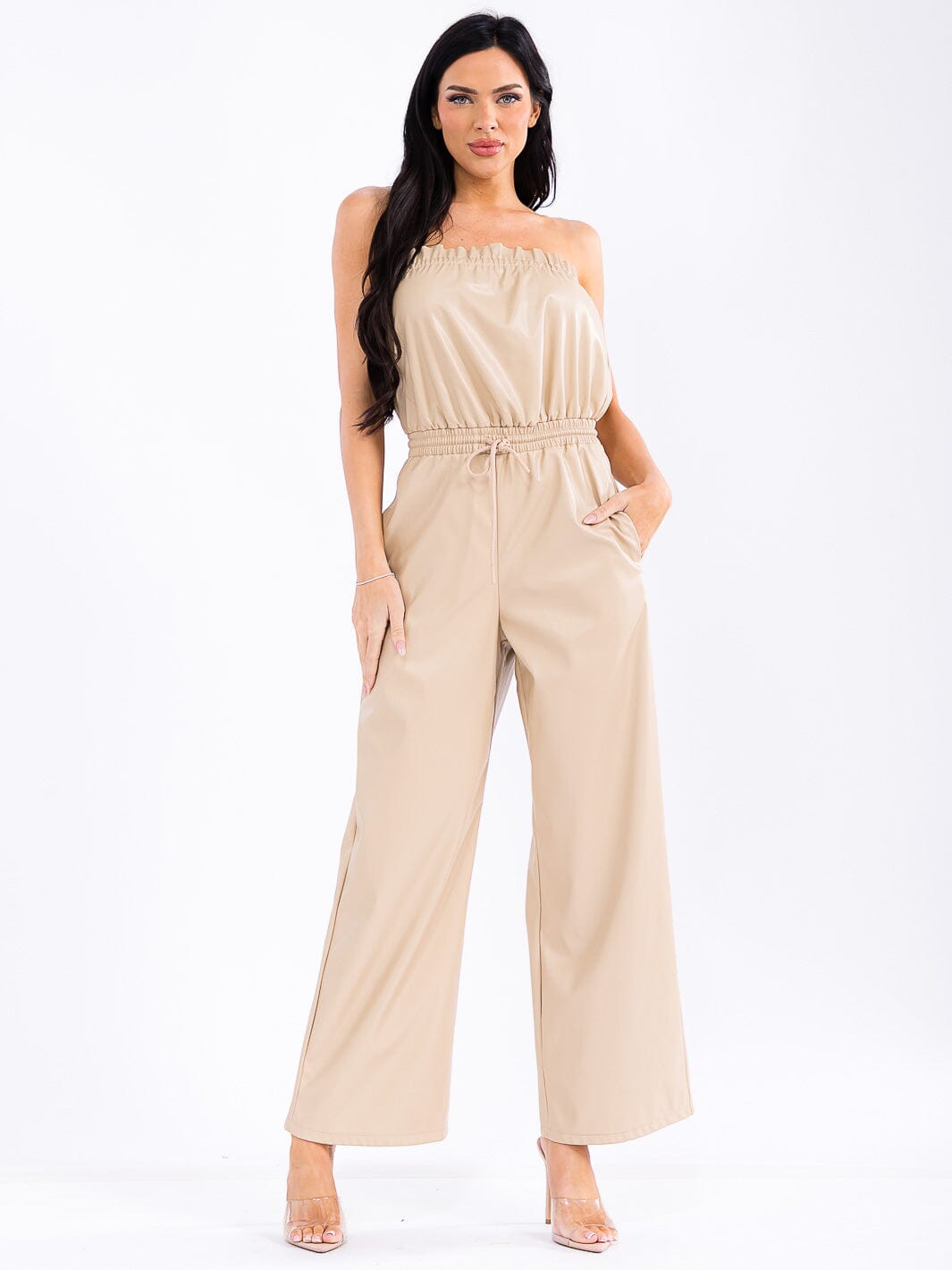 WOMEN'S SLEEVELESS ELASTIC WAIST POCKETS PU PLATHER WIDE LEG JUMPSUIT