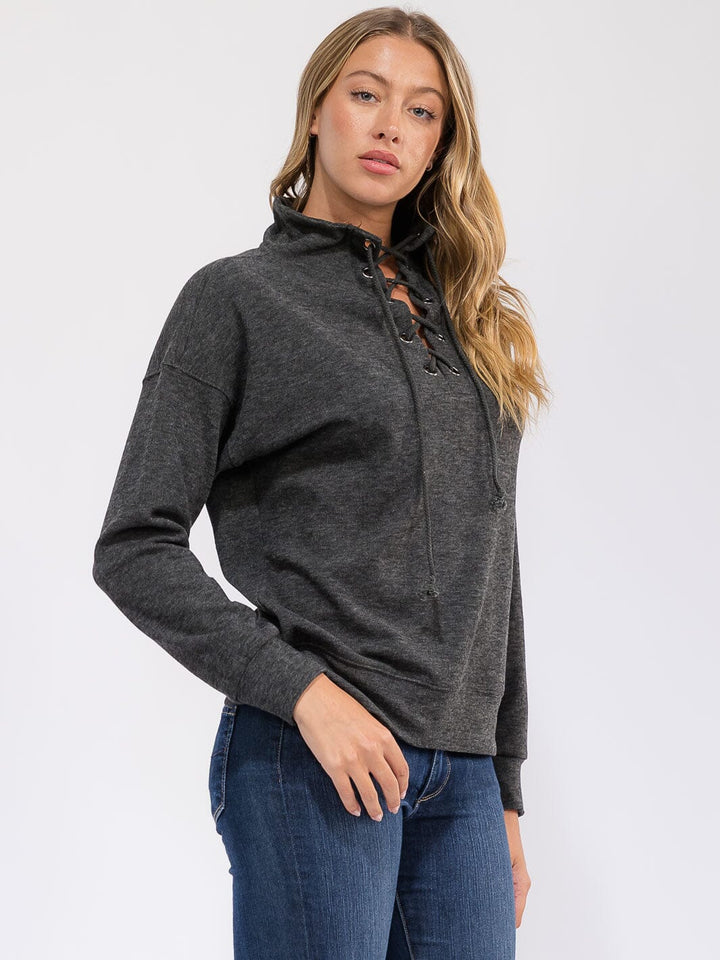 WOMEN'S LONG SLEEVE LACE UP PULLOVER SWEATER