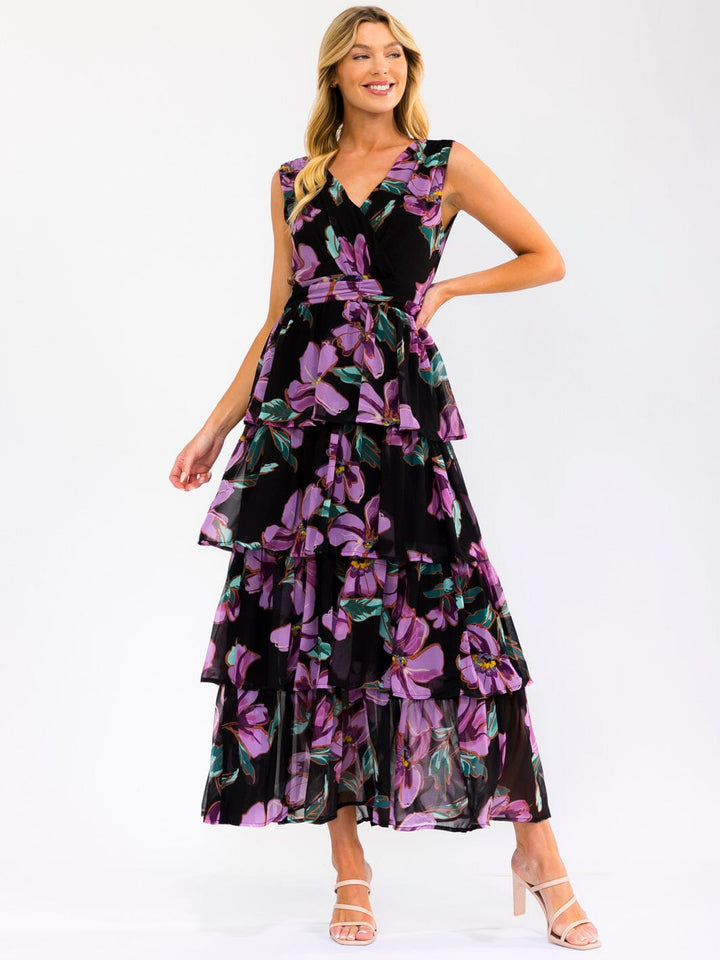 WOMEN'S SLEEVELESS SURPLICE RUFFLE TIERED FLORAL MAXI DRESS