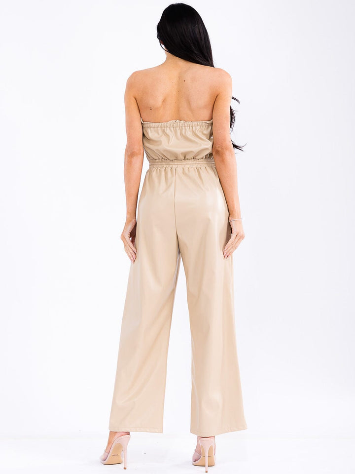 WOMEN'S SLEEVELESS ELASTIC WAIST POCKETS PU PLATHER WIDE LEG JUMPSUIT