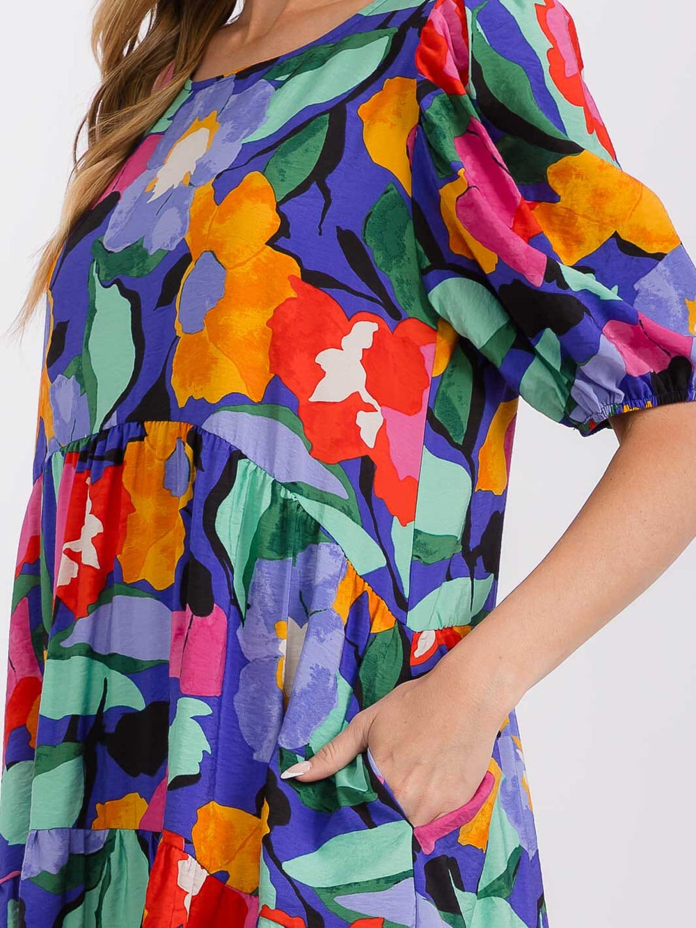 WOMEN'S SHORT PUFF SLEEVE FRONT POCKETS FLORAL TUNIC MINI DRESS