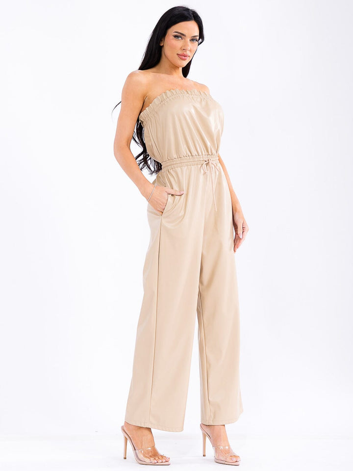 WOMEN'S SLEEVELESS ELASTIC WAIST POCKETS PU PLATHER WIDE LEG JUMPSUIT