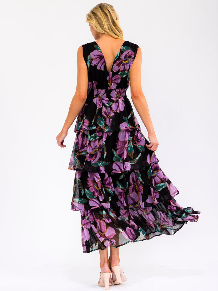 WOMEN'S SLEEVELESS SURPLICE RUFFLE TIERED FLORAL MAXI DRESS