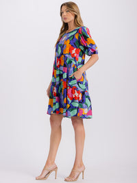 WOMEN'S SHORT PUFF SLEEVE FRONT POCKETS FLORAL TUNIC MINI DRESS