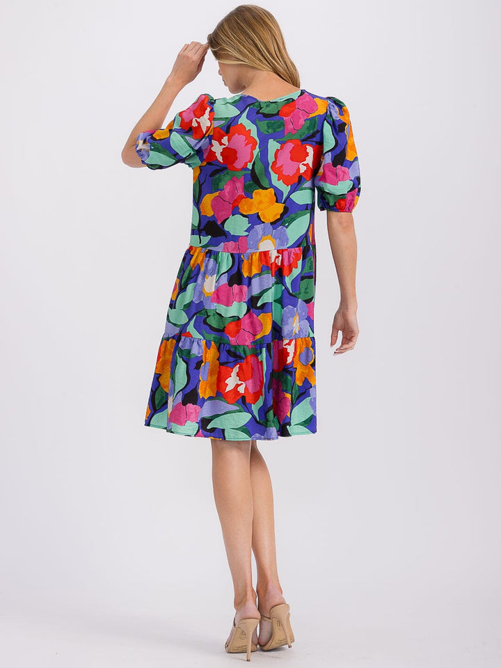WOMEN'S SHORT PUFF SLEEVE FRONT POCKETS FLORAL TUNIC MINI DRESS