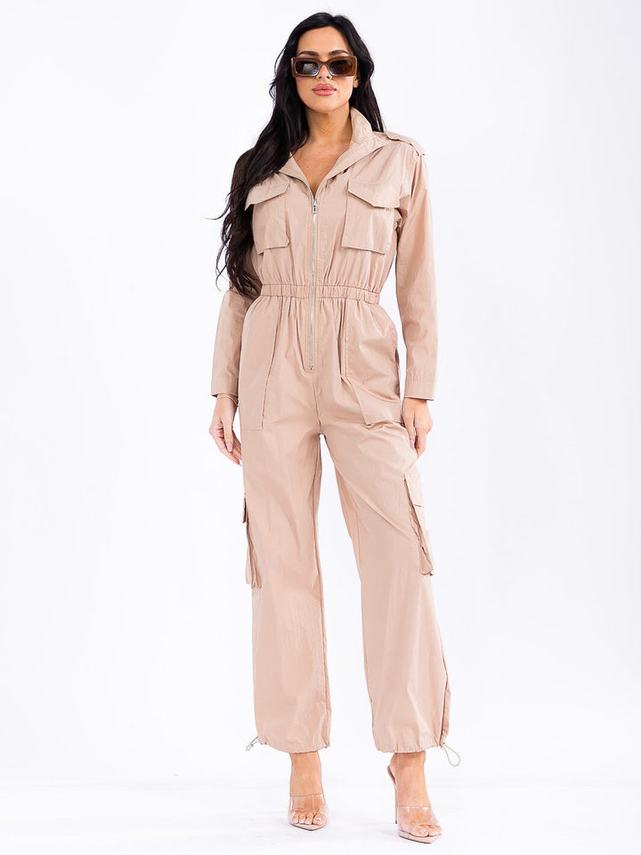 WOMEN'S LONG SLEEVE ZIP UP ELASTIC WAIST POCKETS ADJUSTABLE LEG JUMPSUIT