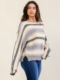 WOMEN'S LONG SLEEVE COLORBLOCK STRIPES PULLOVER KNIT SWEATER