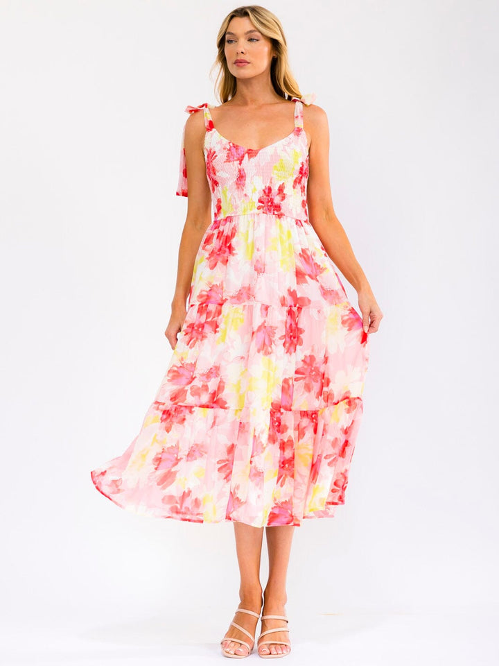 WOMEN'S SLEEVELESS V-NECK SMOCK TIERED FLORAL MIDI DRESS