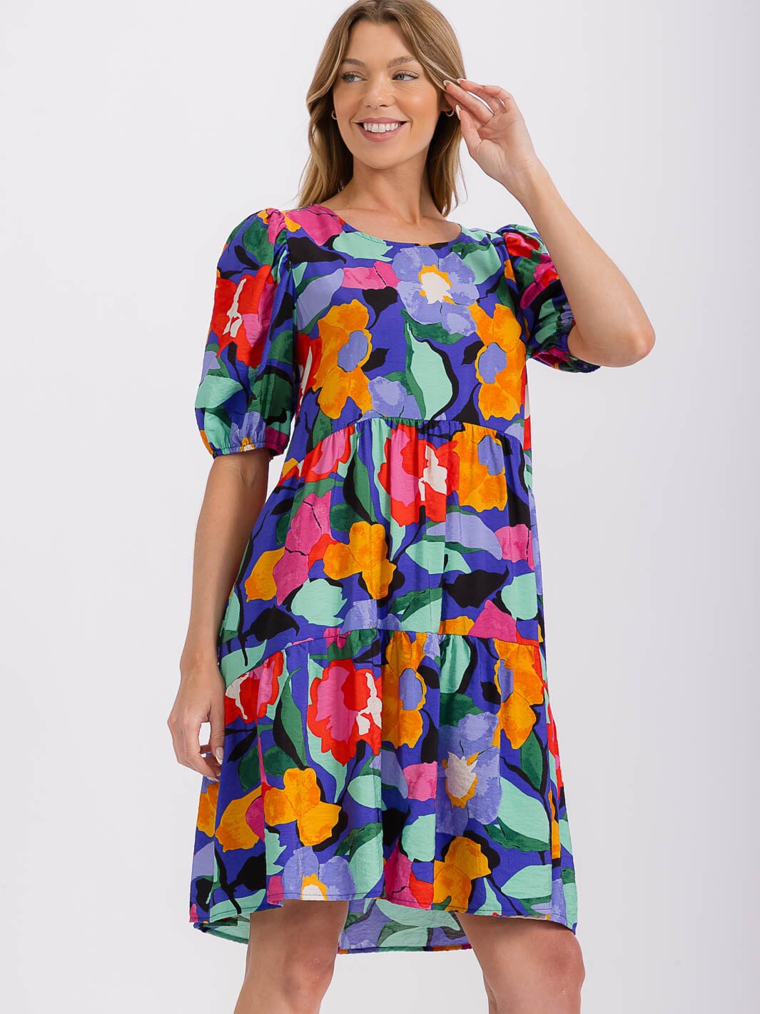 WOMEN'S SHORT PUFF SLEEVE FRONT POCKETS FLORAL TUNIC MINI DRESS