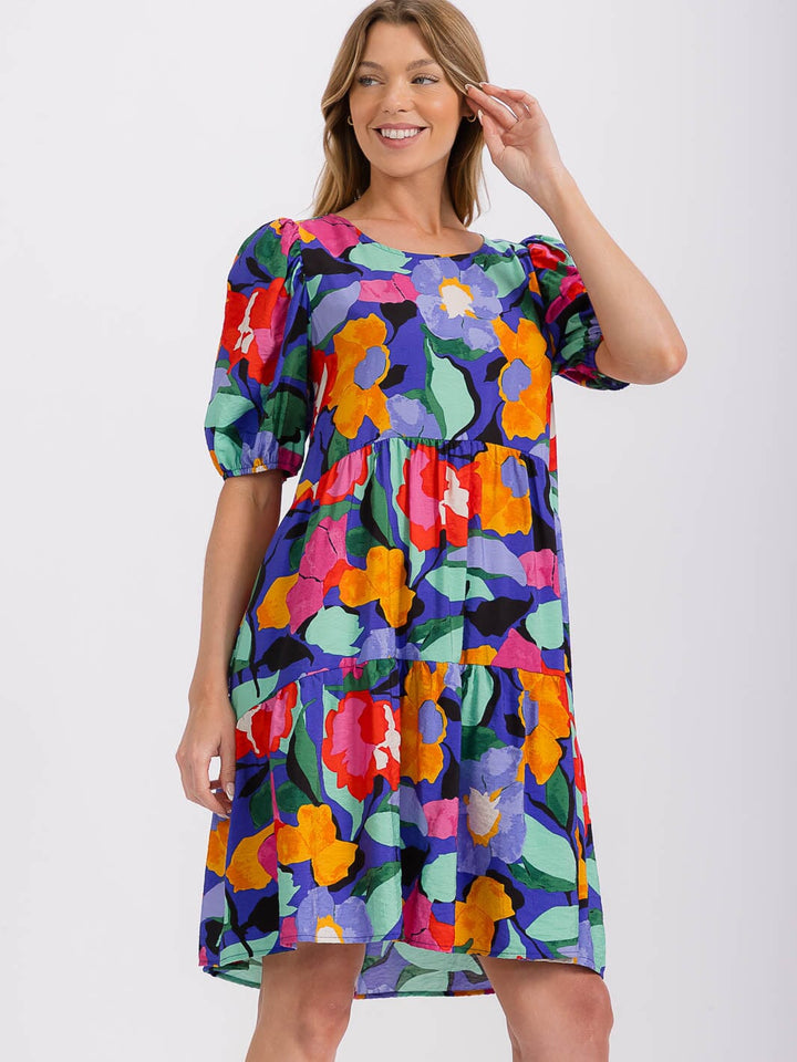 WOMEN'S SHORT PUFF SLEEVE FRONT POCKETS FLORAL TUNIC MINI DRESS