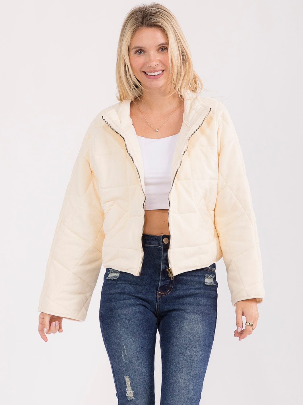WOMEN'S LONG SLEEVE ZIPPER CLOSURE FRONT POCKETS PUFFER JACKET