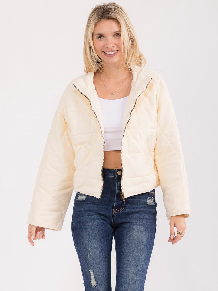 WOMEN'S LONG SLEEVE ZIPPER CLOSURE FRONT POCKETS PUFFER JACKET