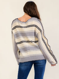 WOMEN'S LONG SLEEVE COLORBLOCK STRIPES PULLOVER KNIT SWEATER