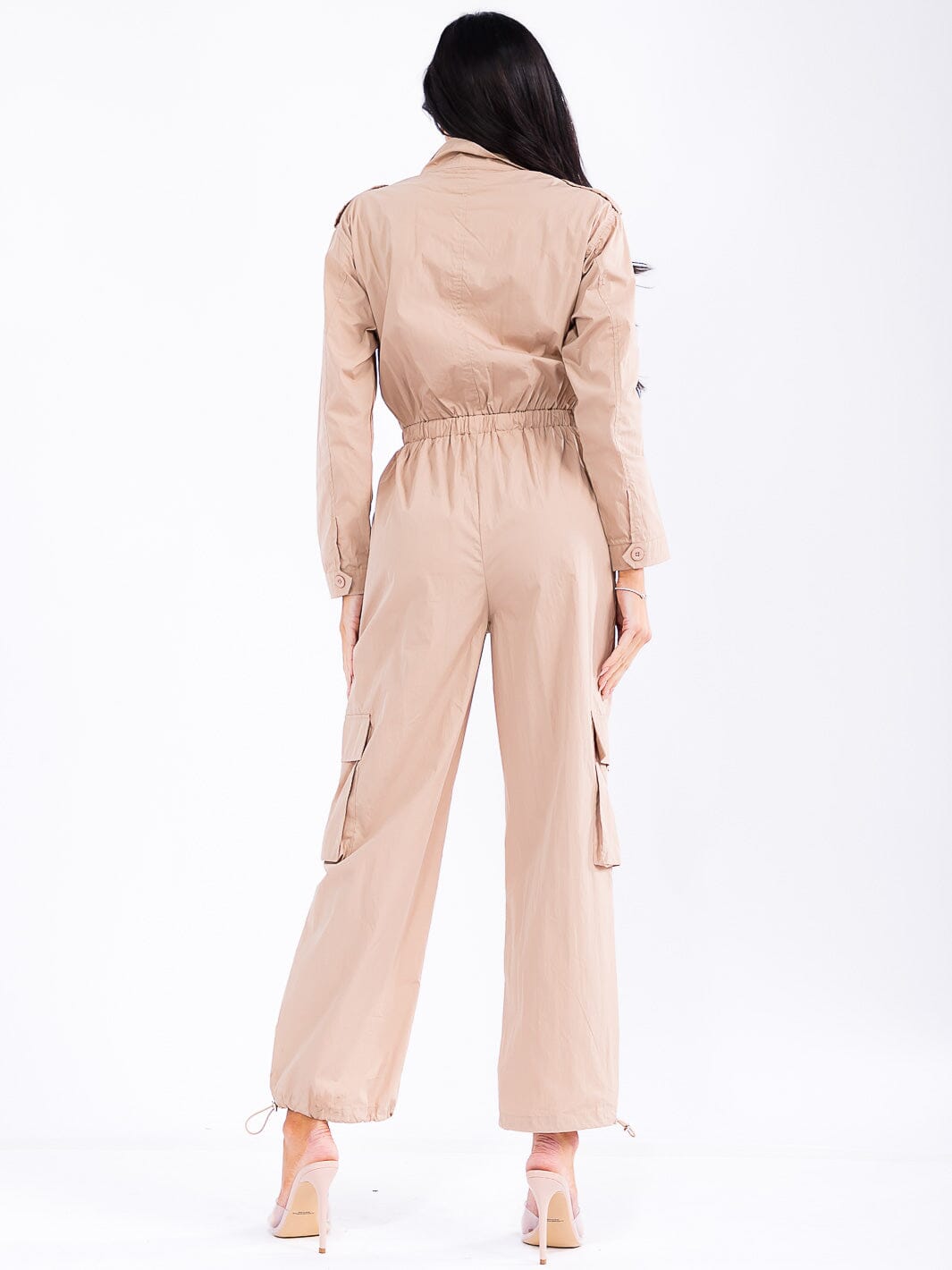 WOMEN'S LONG SLEEVE ZIP UP ELASTIC WAIST POCKETS ADJUSTABLE LEG JUMPSUIT