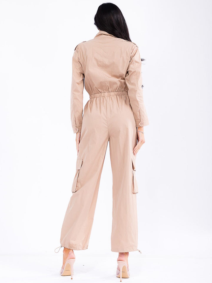 WOMEN'S LONG SLEEVE ZIP UP ELASTIC WAIST POCKETS ADJUSTABLE LEG JUMPSUIT