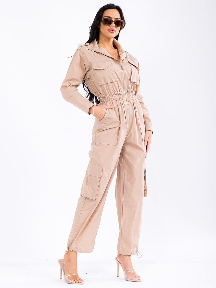 WOMEN'S LONG SLEEVE ZIP UP ELASTIC WAIST POCKETS ADJUSTABLE LEG JUMPSUIT