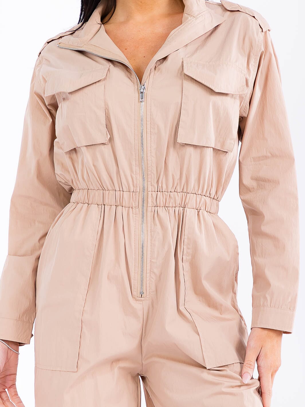 WOMEN'S LONG SLEEVE ZIP UP ELASTIC WAIST POCKETS ADJUSTABLE LEG JUMPSUIT