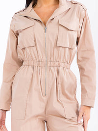 WOMEN'S LONG SLEEVE ZIP UP ELASTIC WAIST POCKETS ADJUSTABLE LEG JUMPSUIT