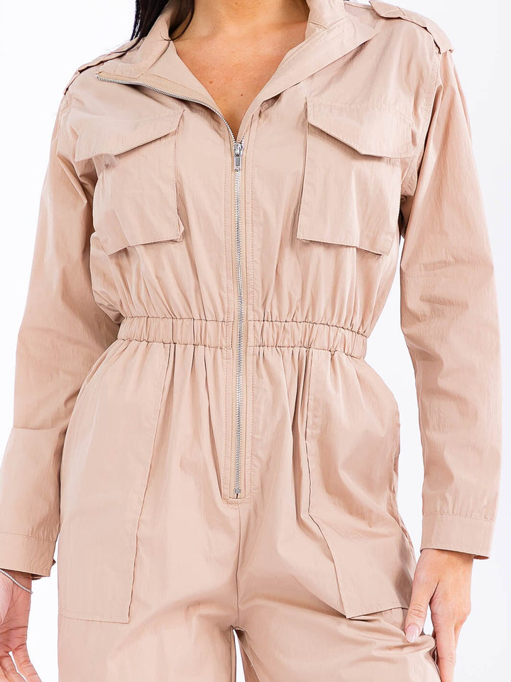 WOMEN'S LONG SLEEVE ZIP UP ELASTIC WAIST POCKETS ADJUSTABLE LEG JUMPSUIT