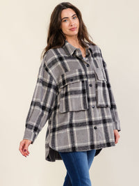 WOMEN'S LONG SLEEVE BUTTON CLOSURE FRONT POCKET PLAID JACKET